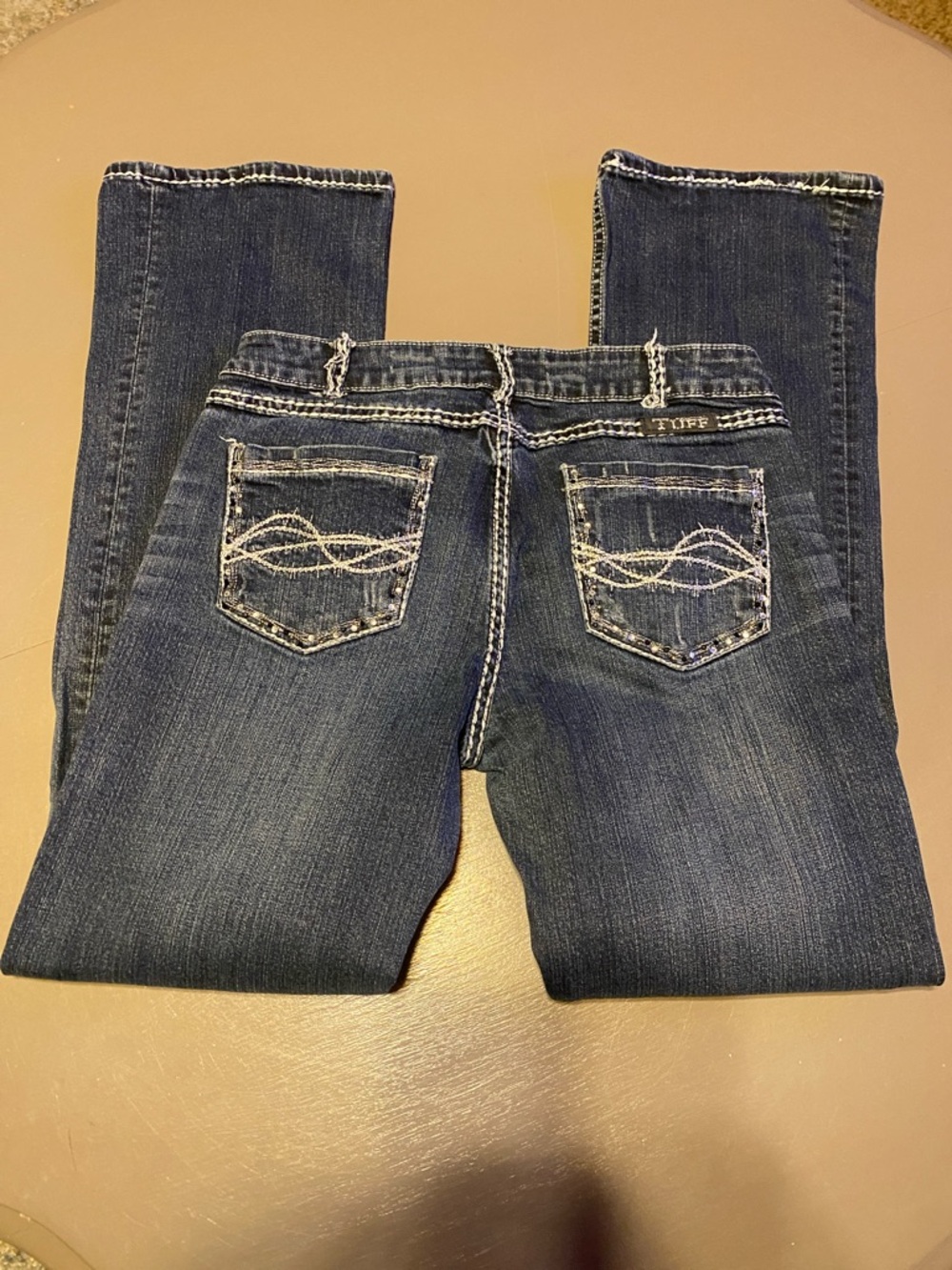 Cowgirl Tuff Co. Dark Denim Iridescent Embroidered Trim Rhinestone pockets